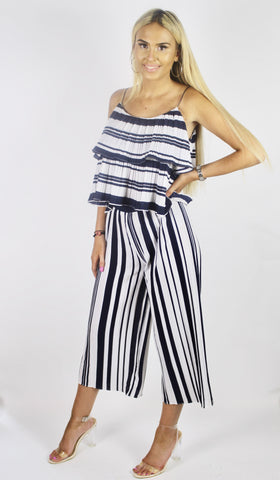 The 'ZAZA' navy and white stripped 2 piece set with 3/4 length palazzo wide leg trousers and pleated detail frill camisole top with spaghetti straps
