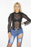 The "YONCE' black lace bodysuit with frill detail, long sleeves and high neck off