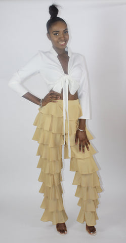 Camel Balmain inspired ruffle pants chiffon Faith-Sherelle white crop wrap top pretty little thing