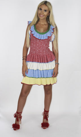 The 'LAYA' multi coloured wool blend ruffuel dress is inspired by the Alexander McQueen's tiered knitted mini dress