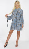 The 'LACEY' sea blue semi sheer chiffon dress with small frill detail and balloon tassel sleeves.