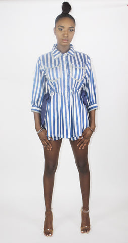 The 'RENDALL' blue and grey silky pinstriped pyjama style shirt and shorts set with 3/4 length sleeves and chiffon tie bow side detail. Faith-Sherrelle