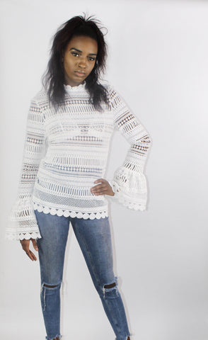 The 'SHAI SHAI' crochet top with large frill bell sleeve and high neck in off white