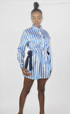 The 'RENDALL' silky pinstripe pyjama style shirt and shorts set with long sleeves and chiffon tie bow side detail