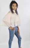 The 'ZARA' sheer layered frill blouse with high neck and layered frill wide sleeve. Available in black and nude.