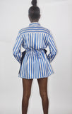 The 'RENDALL' silky pinstripe pyjama style shirt and shorts set with long sleeves and chiffon tie bow side detail