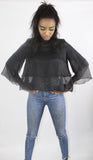 The 'ZARA' sheer layered frill blouse with high neck and layered frill wide sleeve. Available in black and nude. 